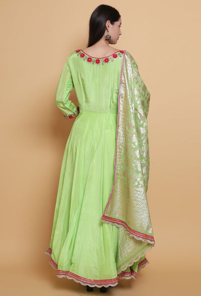 Destiny By Anjali Paradise Bloom Parrot Green Anarkali Suit - Hand-Embroidered Crochet Flower Details, Pure Crepe Fabric