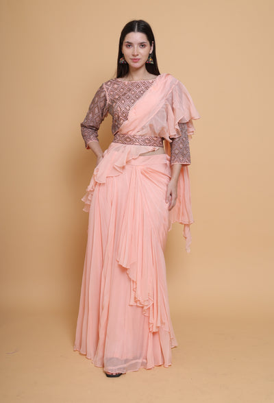 Destiny By Anjali Peach Radiance Drape Dress - Cut Stone Embroidery, Sequins, and Elegance in Every Thread