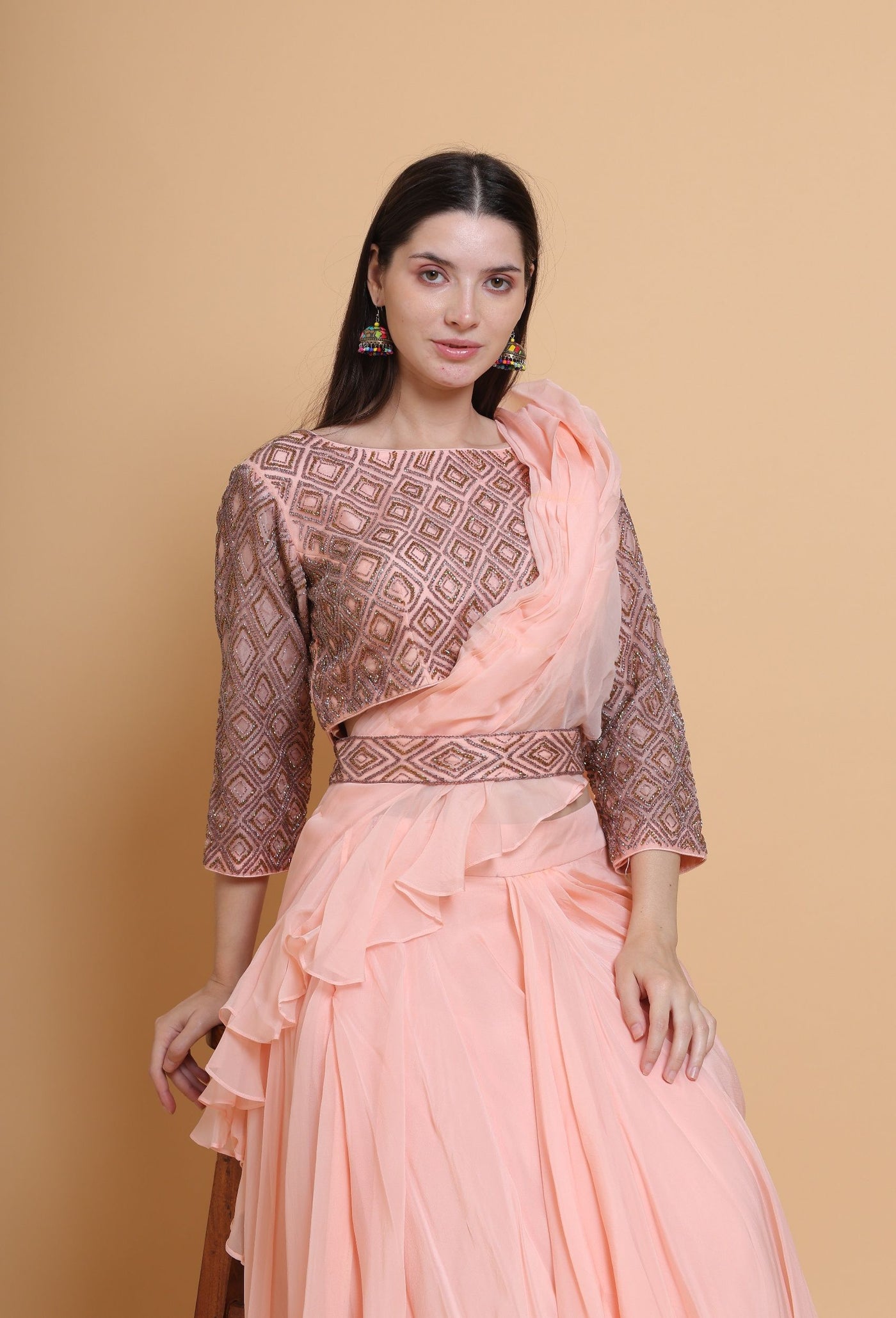 Destiny By Anjali Peach Radiance Drape Dress - Cut Stone Embroidery, Sequins, and Elegance in Every Thread