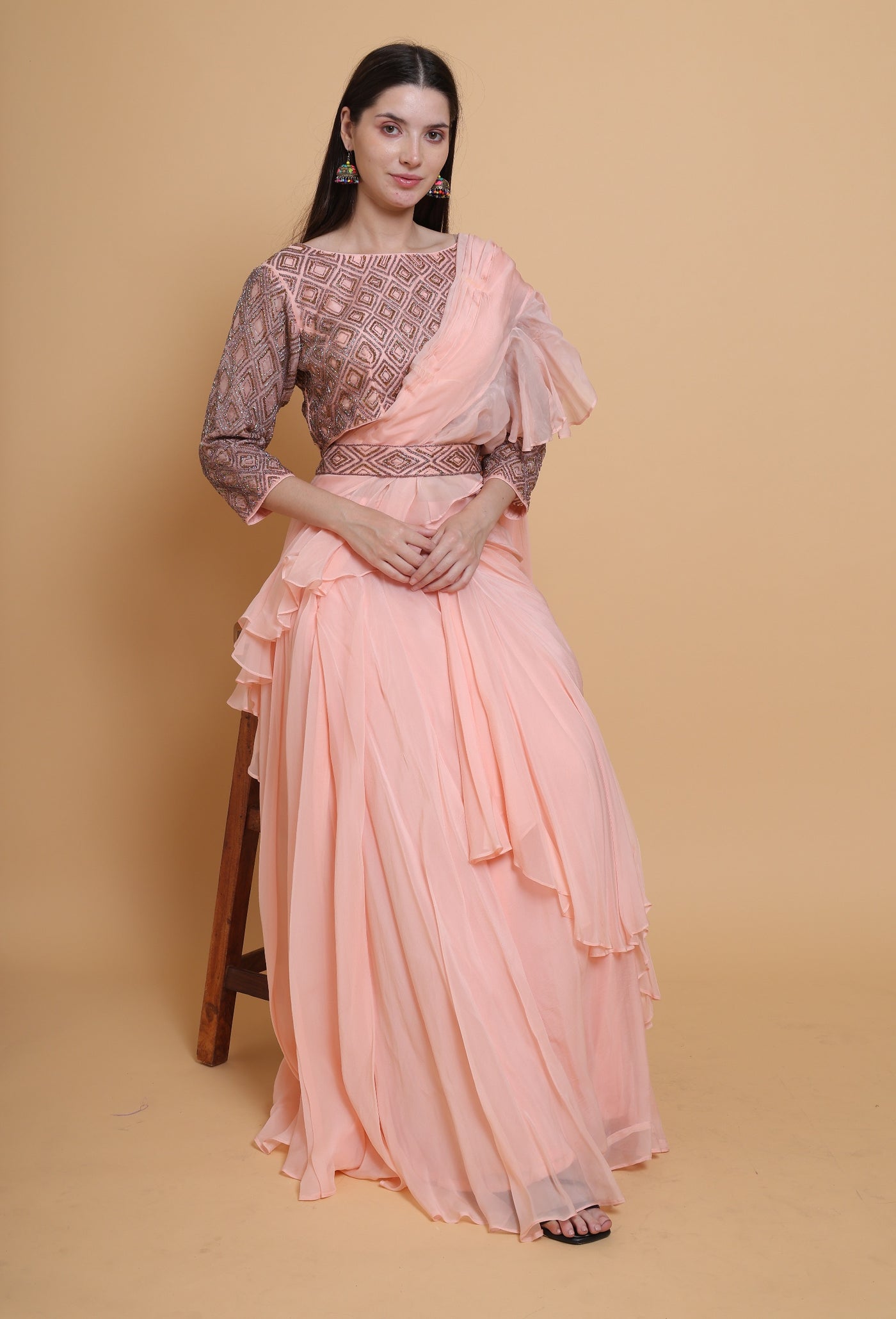 Destiny By Anjali Peach Radiance Drape Dress - Cut Stone Embroidery, Sequins, and Elegance in Every Thread