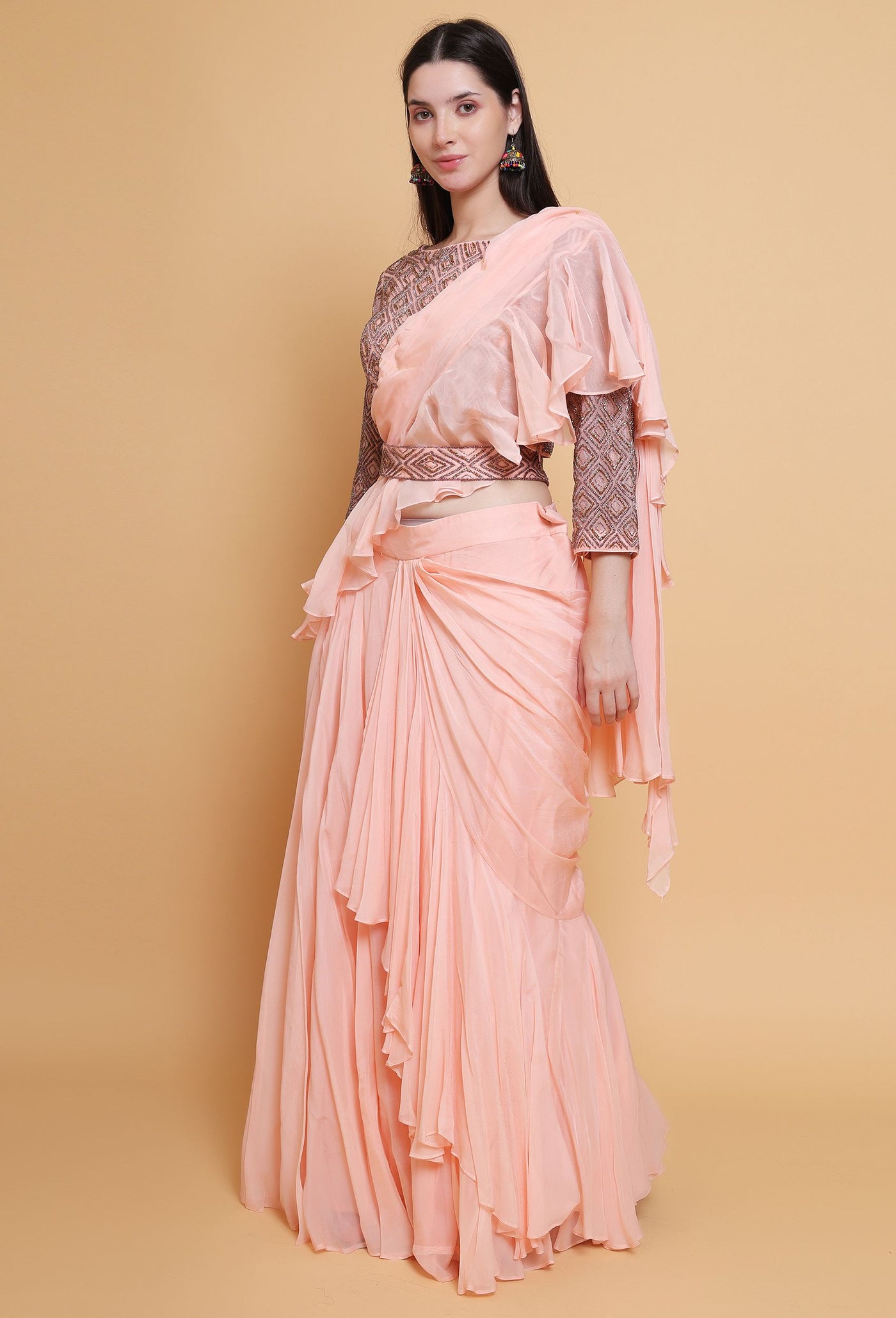 Destiny By Anjali Peach Radiance Drape Dress - Cut Stone Embroidery, Sequins, and Elegance in Every Thread