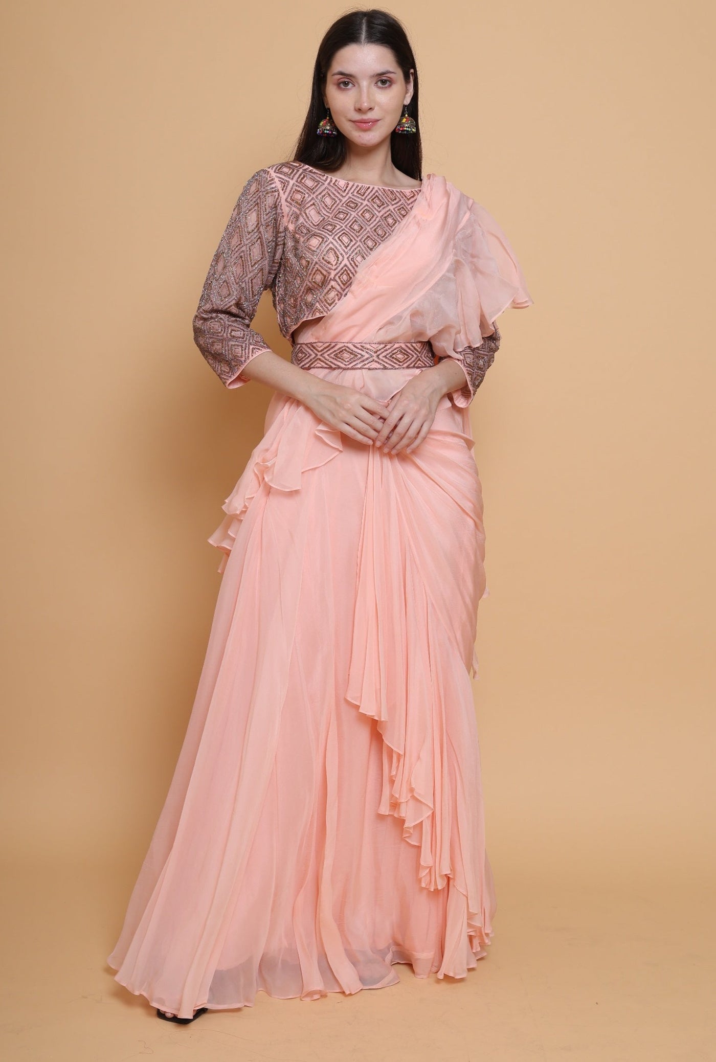 Destiny By Anjali Peach Radiance Drape Dress - Cut Stone Embroidery, Sequins, and Elegance in Every Thread