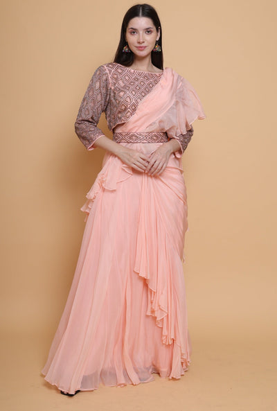 Destiny By Anjali Peach Radiance Drape Dress - Cut Stone Embroidery, Sequins, and Elegance in Every Thread