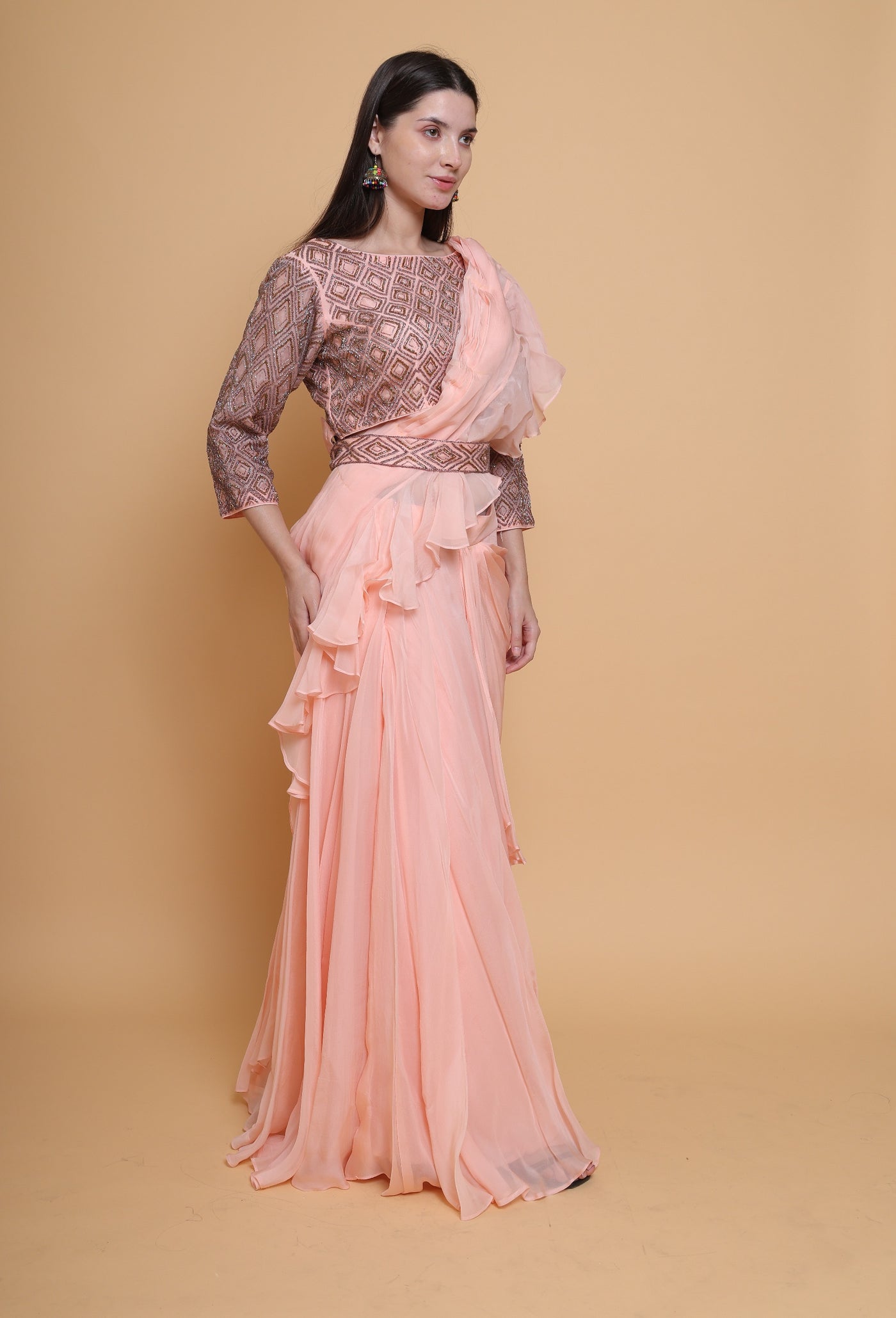 Destiny By Anjali Peach Radiance Drape Dress - Cut Stone Embroidery, Sequins, and Elegance in Every Thread