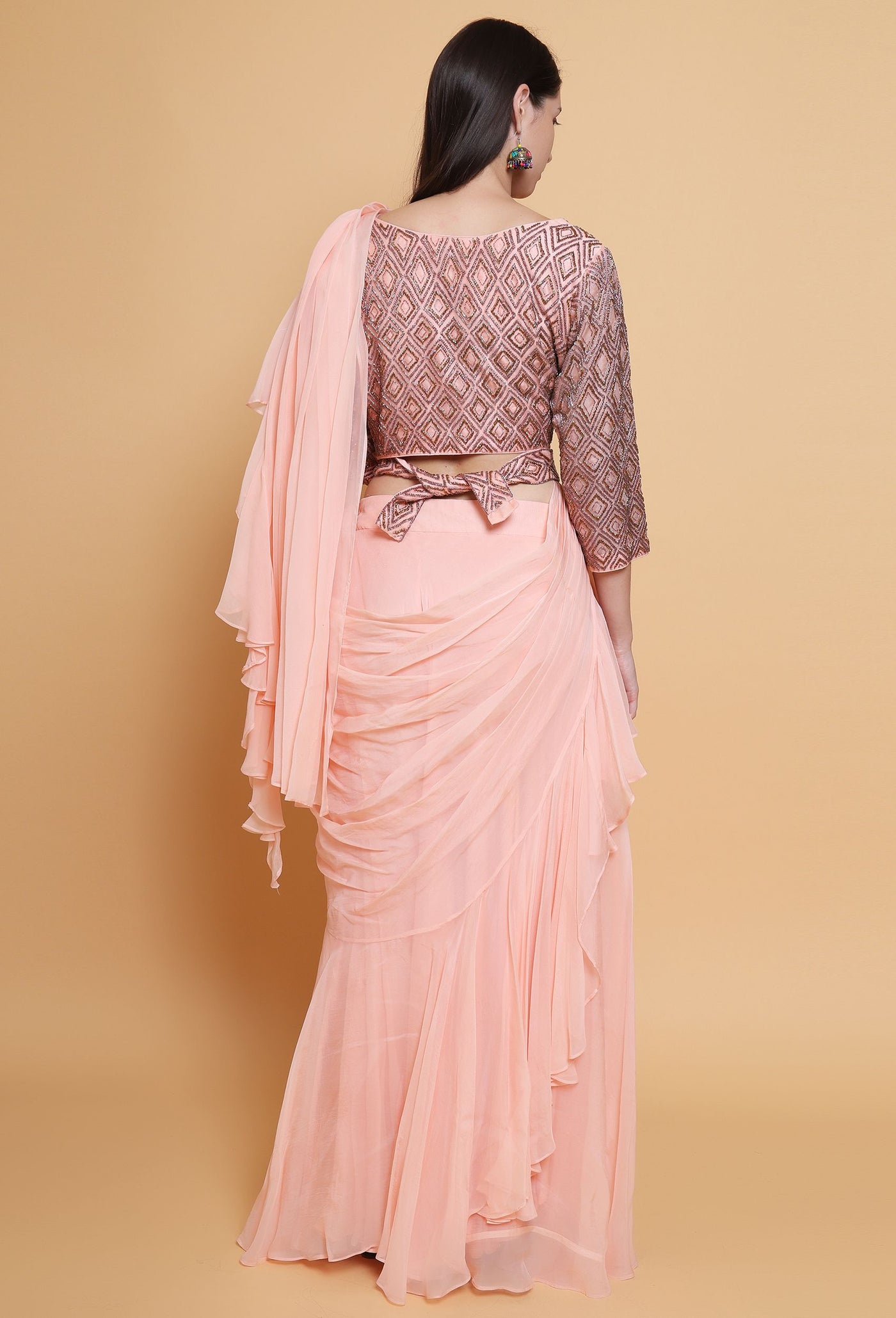 Destiny By Anjali Peach Radiance Drape Dress - Cut Stone Embroidery, Sequins, and Elegance in Every Thread