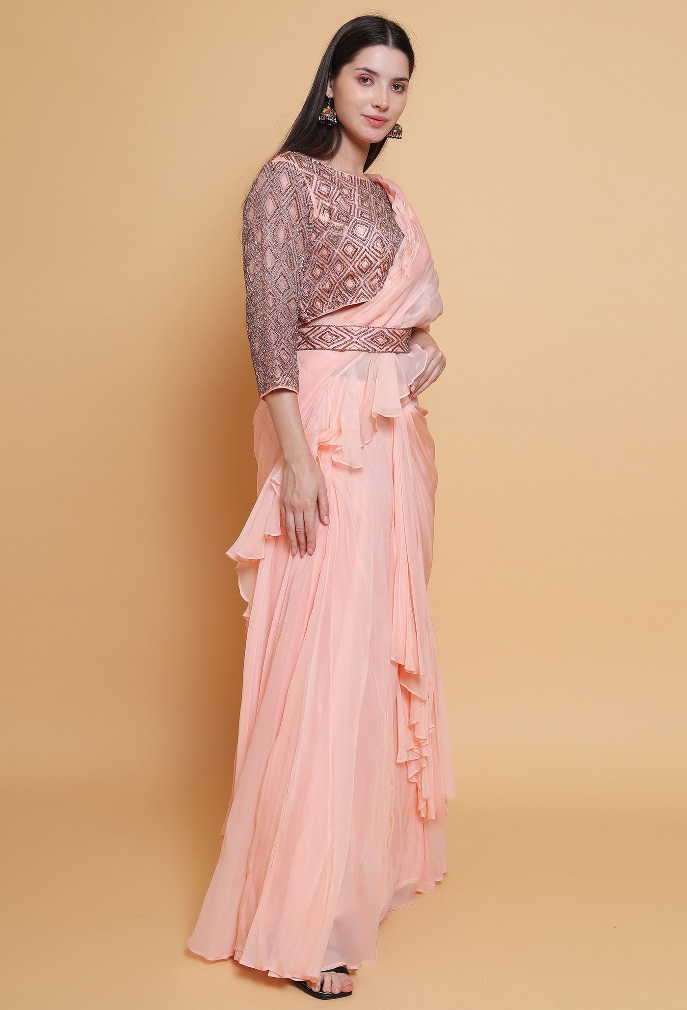 Destiny By Anjali Peach Radiance Drape Dress - Cut Stone Embroidery, Sequins, and Elegance in Every Thread