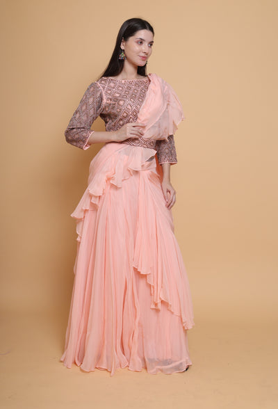 Destiny By Anjali Peach Radiance Drape Dress - Cut Stone Embroidery, Sequins, and Elegance in Every Thread