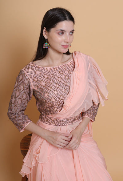 Destiny By Anjali Peach Radiance Drape Dress - Cut Stone Embroidery, Sequins, and Elegance in Every Thread