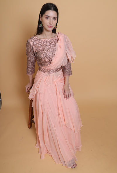 Destiny By Anjali Peach Radiance Drape Dress - Cut Stone Embroidery, Sequins, and Elegance in Every Thread