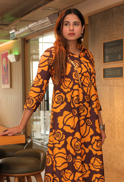 Elevate your summer wardrobe with the Saffron Fauna - Tunic Kurti Set. This exquisite tunic style set is made with double georgette fabric, perfect for the warm weather. With its exquisite floral print and coffee and mustard color combination, it exudes elegance and never goes out of style. From the luxurious brand Destiny by Anjali.