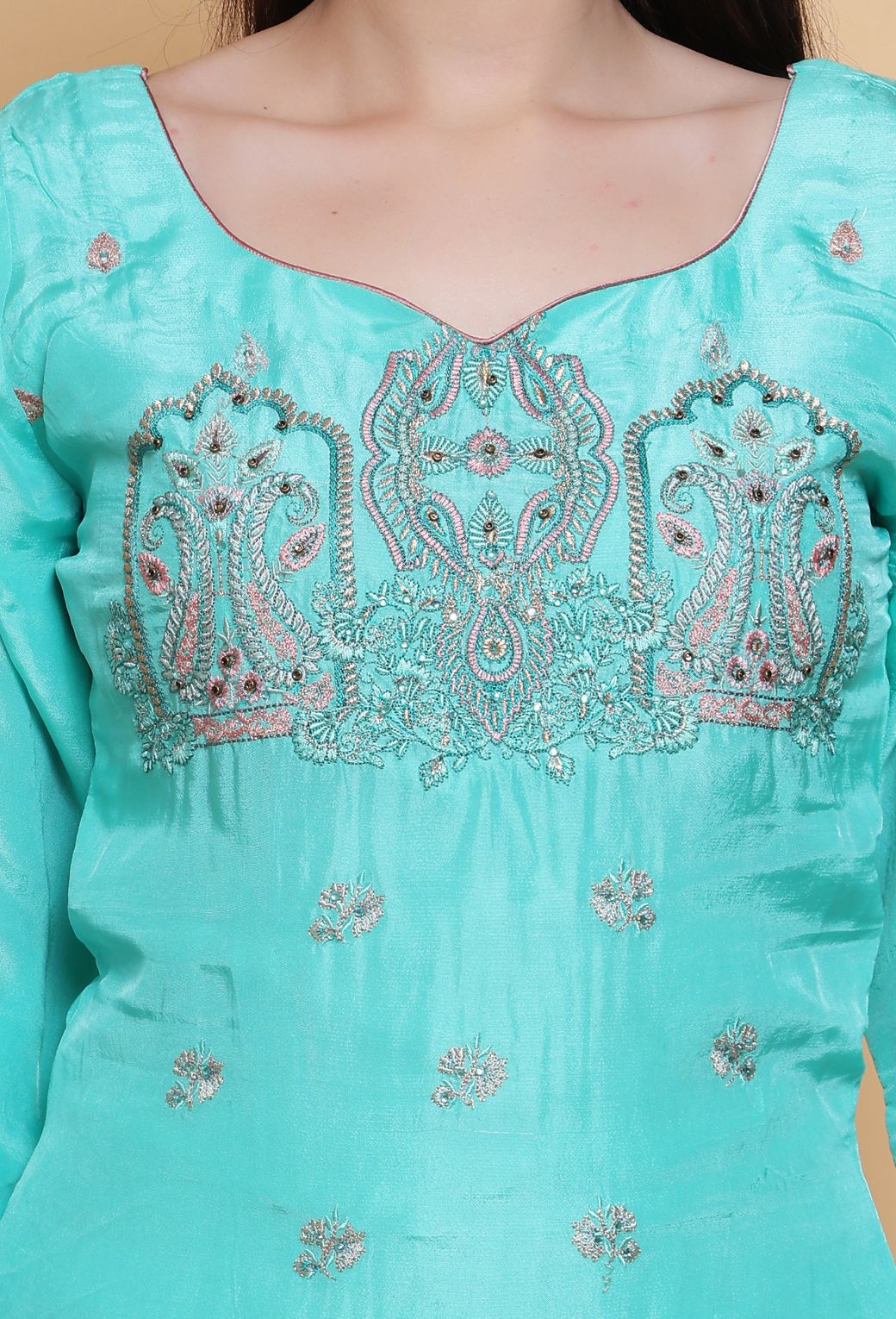 Destiny by Anjali: Tropical Blue Sharara Suit. Embroidered upada silk with Embroidered Pink Net Dupatta. Sharara fashion, designer clothing, unique color.