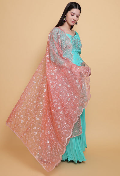 Destiny by Anjali: Tropical Blue Sharara Suit. Embroidered upada silk with Embroidered Pink Net Dupatta. Sharara fashion, designer clothing, unique color.