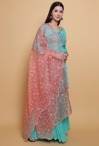 Destiny by Anjali: Tropical Blue Sharara Suit. Embroidered upada silk with Embroidered Pink Net Dupatta. Sharara fashion, designer clothing, unique color.