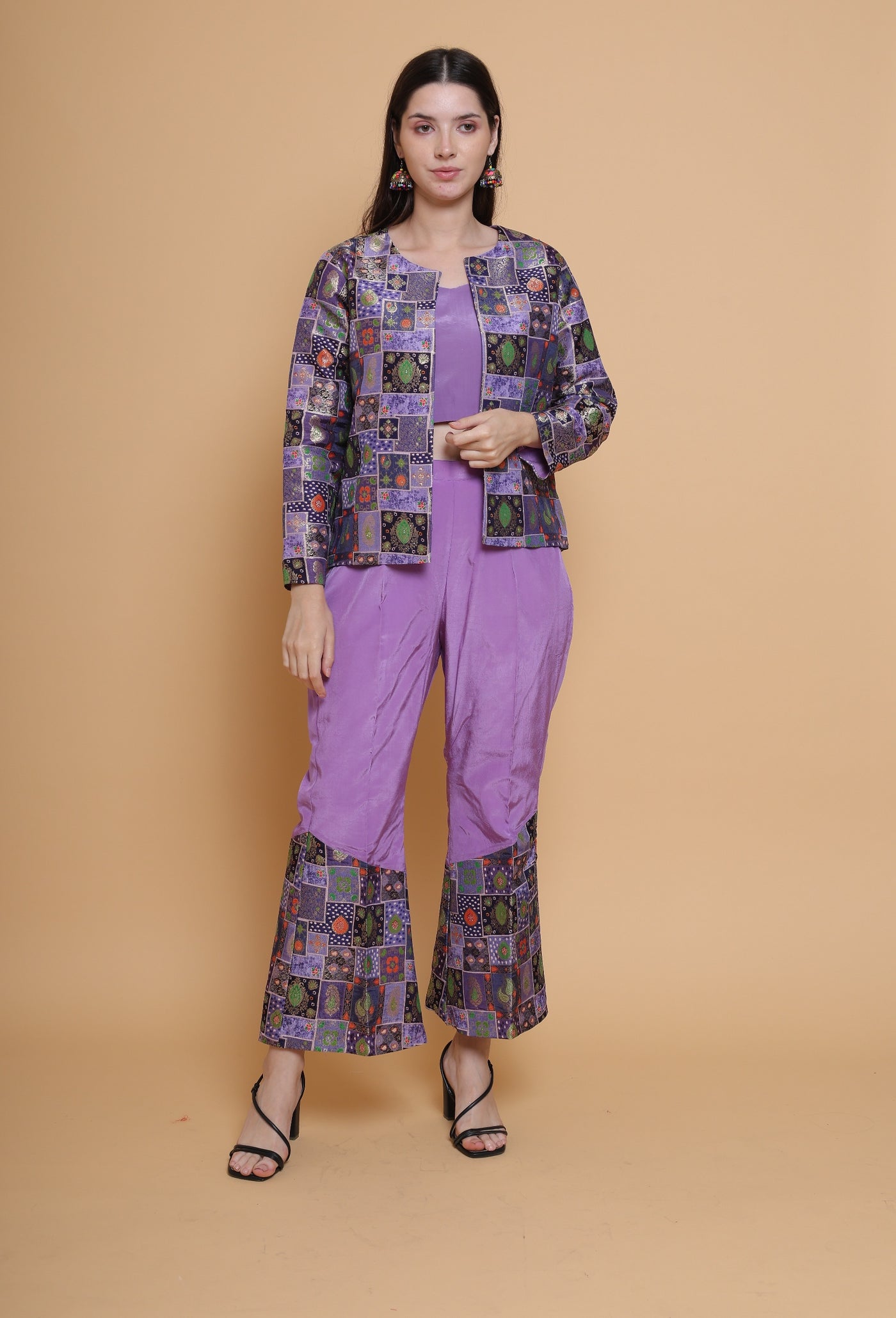 Destiny By Anjali Twitch Purple Jacket Style Coord Set - Jacquard Silk Three-Piece Ensemble
