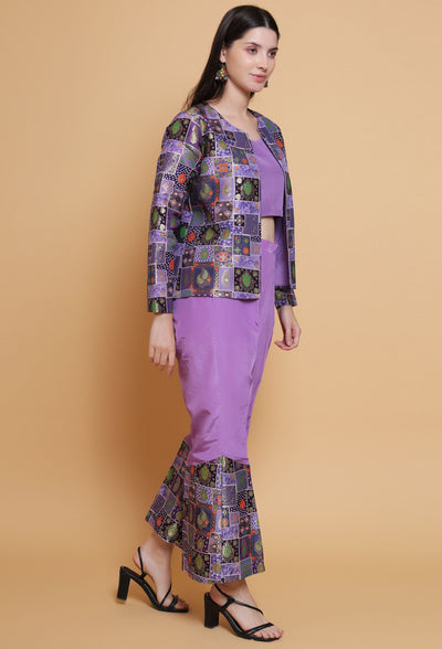 Destiny By Anjali Twitch Purple Jacket Style Coord Set - Jacquard Silk Three-Piece Ensemble