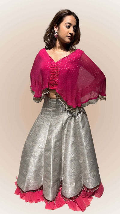 Gray Cut Work Lehenga with Bell Sleves and Drop Pendant Style Crop Top