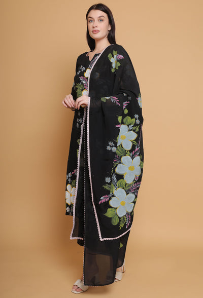 Artistic Hand-Painted Black Floral Suit by Destiny By Anjali - Pure Organza Elegance with Unique Floral Design, Meticulously Handcrafted, Fully Lined and Stitched, Embodies Timeless Traditional Women's Fashion