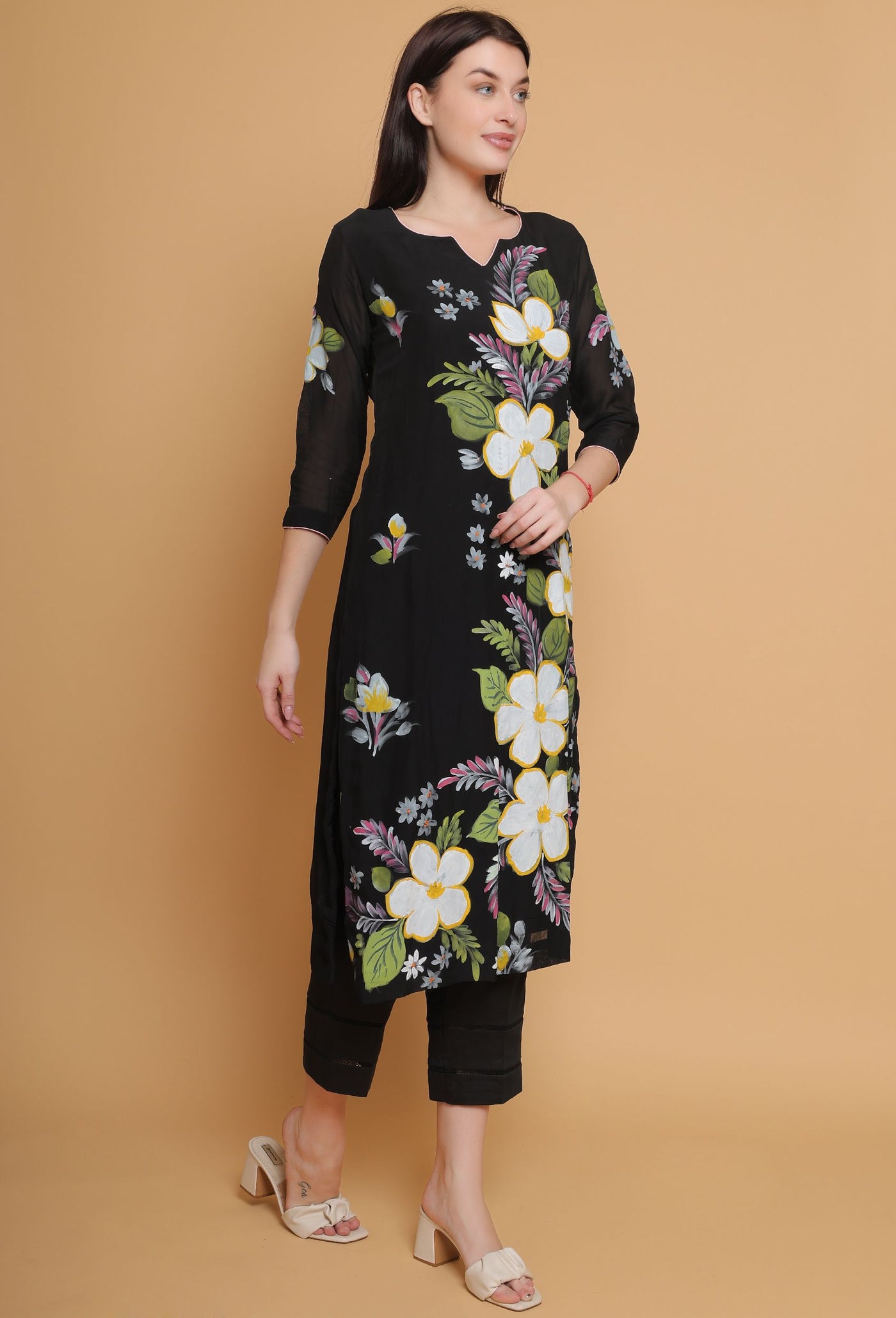 Artistic Hand-Painted Black Floral Suit by Destiny By Anjali - Pure Organza Elegance with Unique Floral Design, Meticulously Handcrafted, Fully Lined and Stitched, Embodies Timeless Traditional Women's Fashion