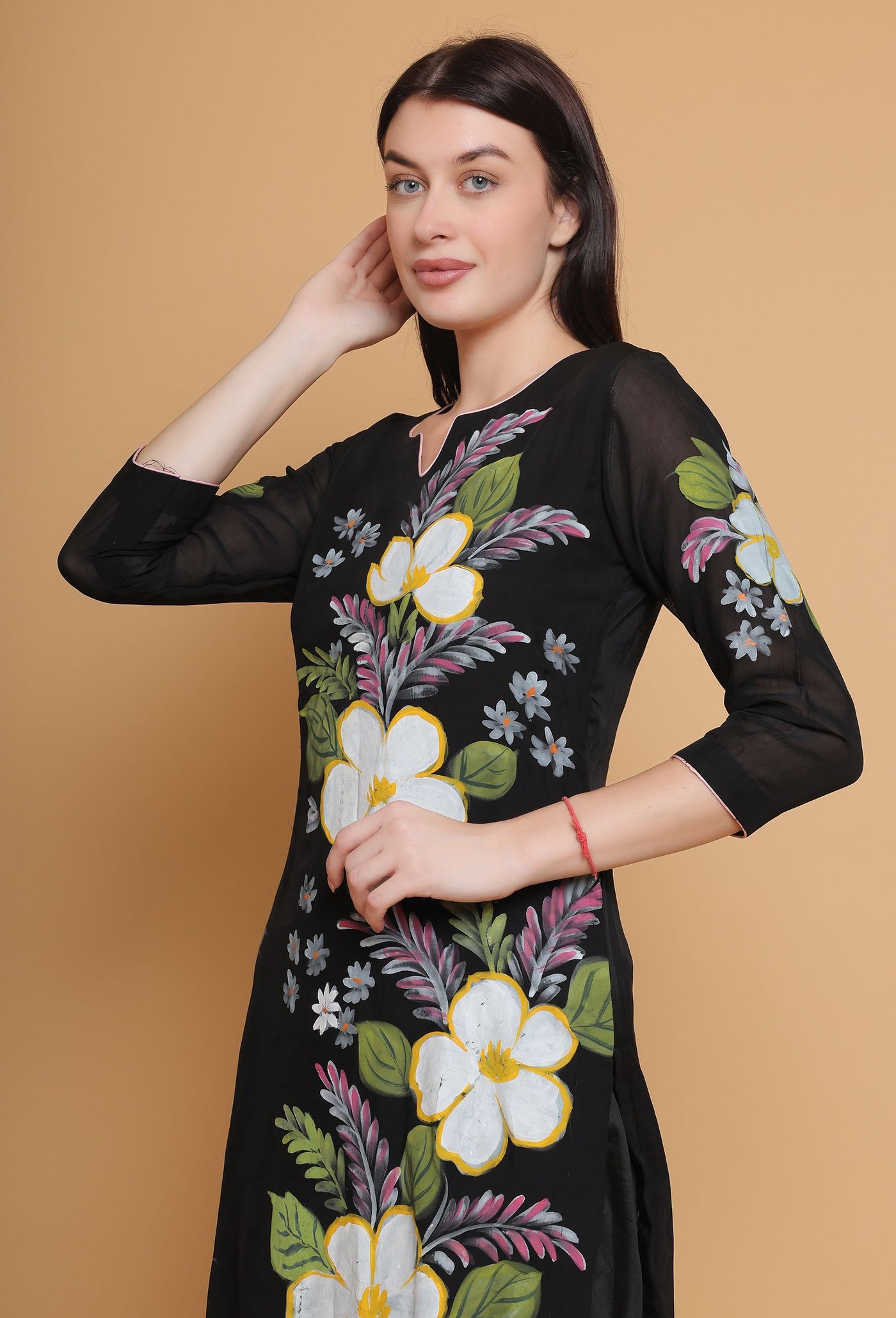 Artistic Hand-Painted Black Floral Suit by Destiny By Anjali - Pure Organza Elegance with Unique Floral Design, Meticulously Handcrafted, Fully Lined and Stitched, Embodies Timeless Traditional Women's Fashion