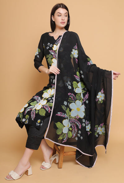 Artistic Hand-Painted Black Floral Suit by Destiny By Anjali - Pure Organza Elegance with Unique Floral Design, Meticulously Handcrafted, Fully Lined and Stitched, Embodies Timeless Traditional Women's Fashion