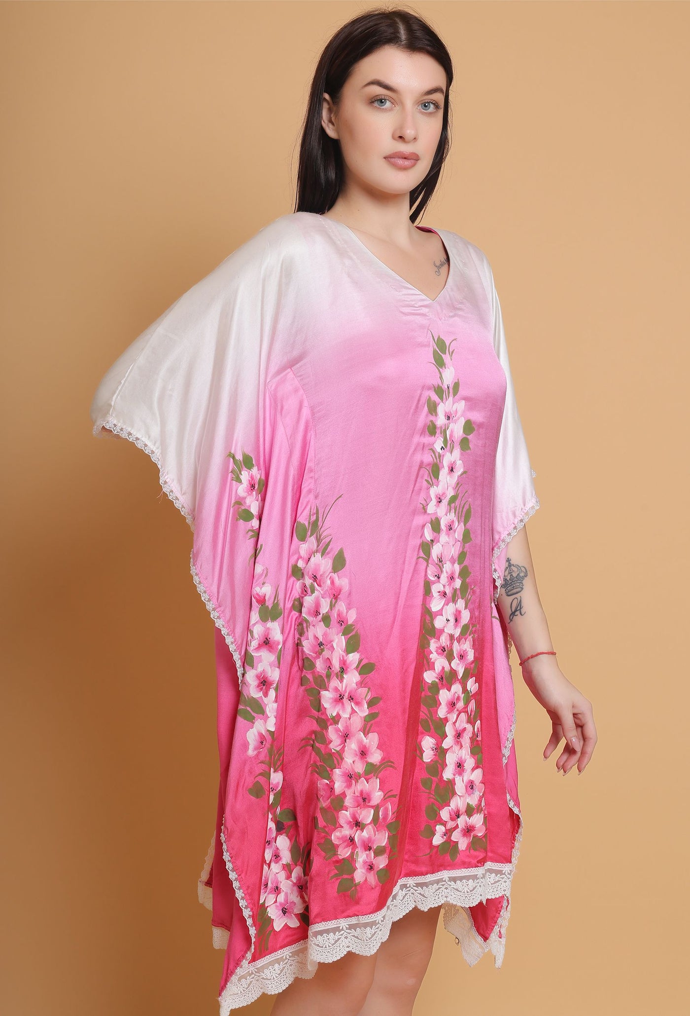 Artistic Hand-Painted Pink Ombre Floral Kaftan by Destiny By Anjali - Pure Upada Silk Elegance with Unique Floral Design and Subtle Ombre Shades of Pink. A Timeless Masterpiece in Women's Fashion