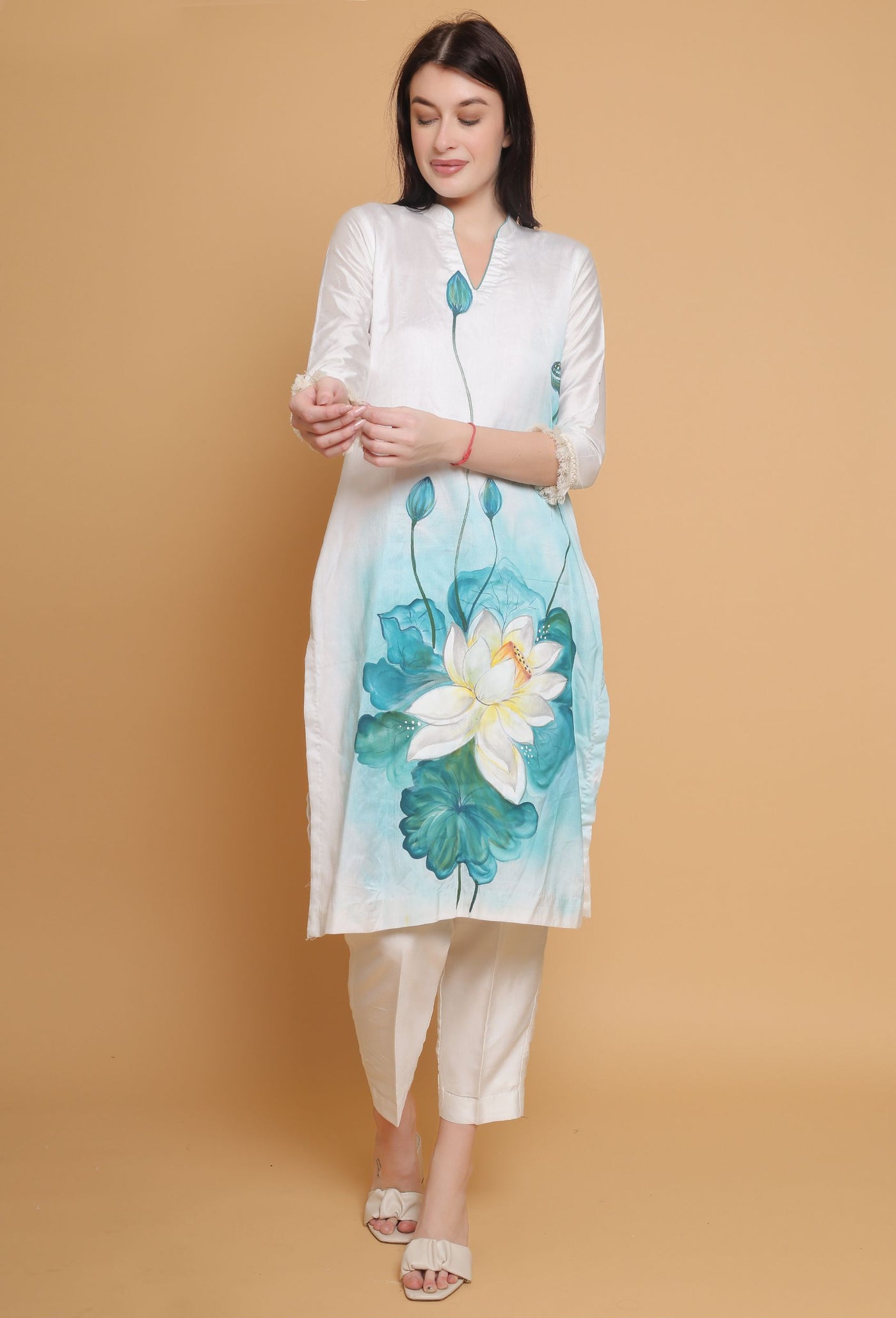 Artistic Hand Painted Floral Kurti Plazzo Set by Destiny By Anjali - Pure Cotton Silk Elegance with Intricate Floral Motifs, Meticulously Crafted, Celebrating Tradition and Timeless Women's Fashion