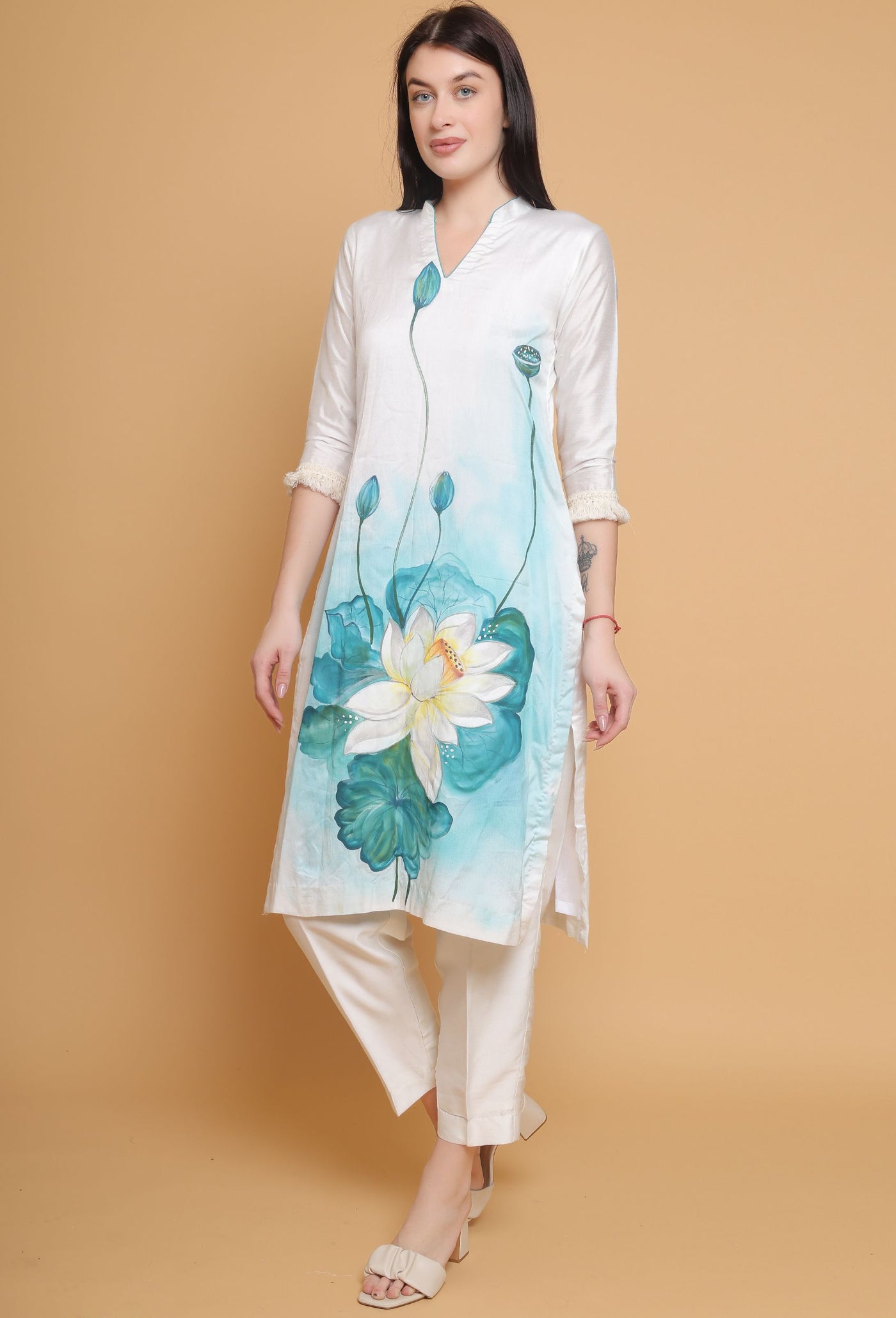 Artistic Hand Painted Floral Kurti Plazzo Set by Destiny By Anjali - Pure Cotton Silk Elegance with Intricate Floral Motifs, Meticulously Crafted, Celebrating Tradition and Timeless Women's Fashion