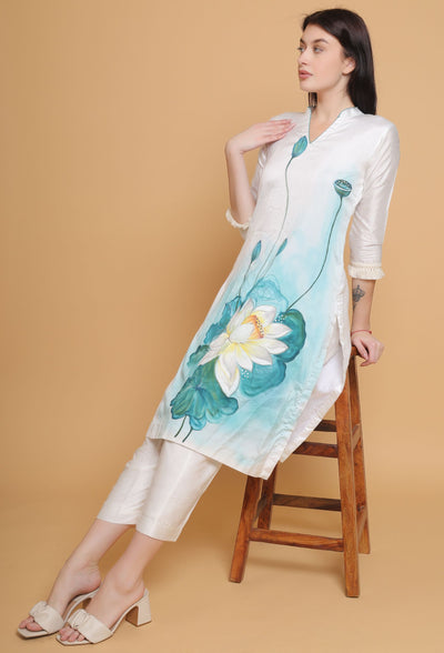 Artistic Hand Painted Floral Kurti Plazzo Set by Destiny By Anjali - Pure Cotton Silk Elegance with Intricate Floral Motifs, Meticulously Crafted, Celebrating Tradition and Timeless Women's Fashion