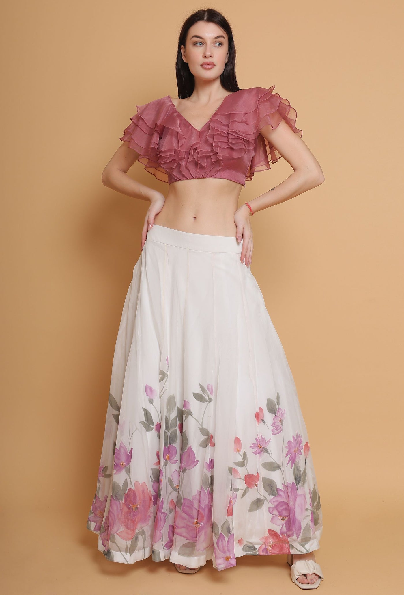 Artistic Hand-Painted Floral Skirt and Dust Rose Ruffle Top Set by Destiny By Anjali - Pure Organza Elegance with Unique Floral Design in Delicate Shades of Pink. Perfect for Special Occasions, Embracing Timeless Women's Fashion