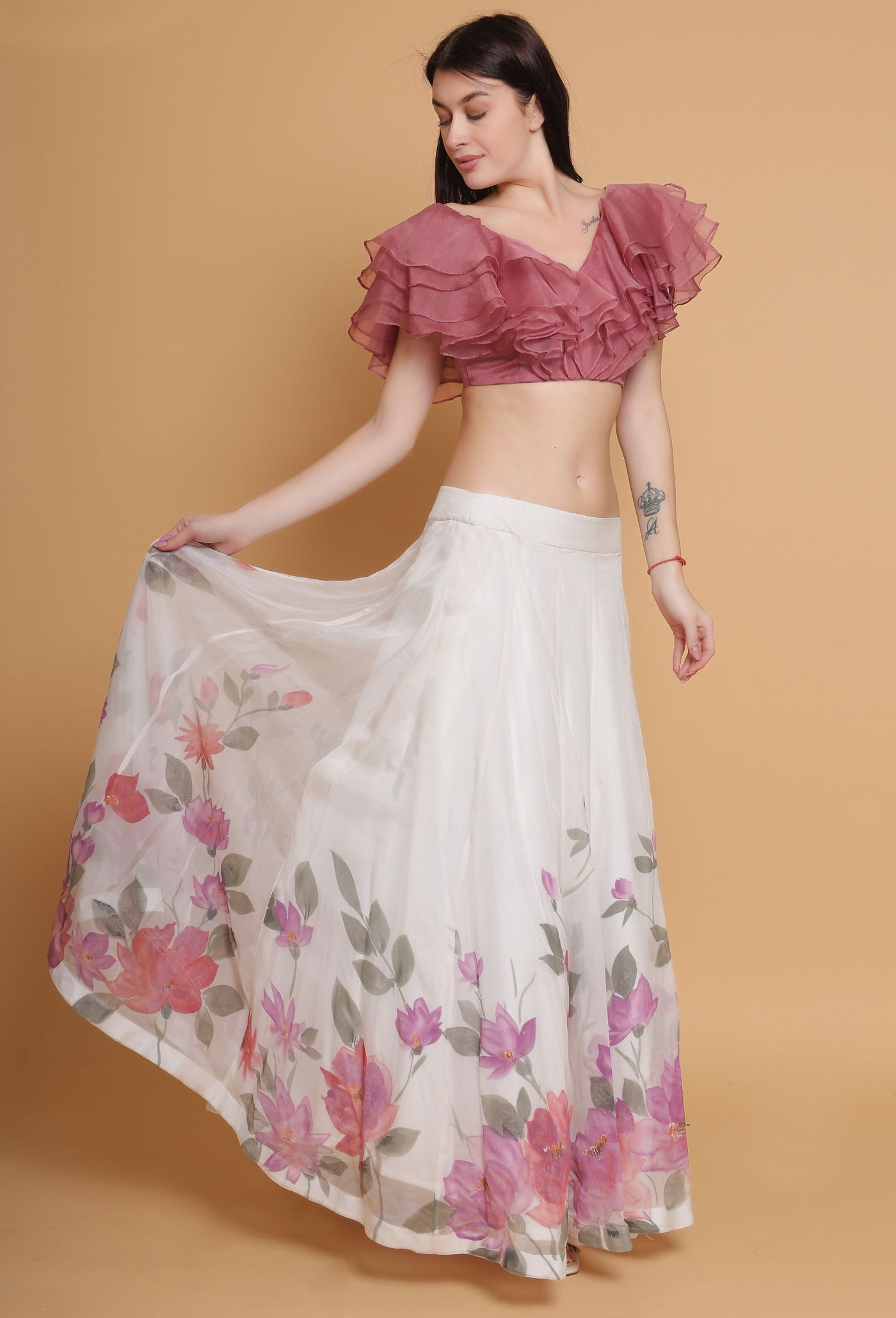 Artistic Hand-Painted Floral Skirt and Dust Rose Ruffle Top Set by Destiny By Anjali - Pure Organza Elegance with Unique Floral Design in Delicate Shades of Pink. Perfect for Special Occasions, Embracing Timeless Women's Fashion