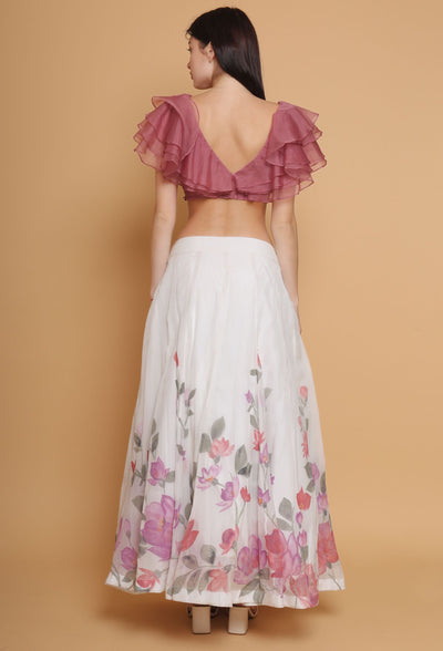 Artistic Hand-Painted Floral Skirt and Dust Rose Ruffle Top Set by Destiny By Anjali - Pure Organza Elegance with Unique Floral Design in Delicate Shades of Pink. Perfect for Special Occasions, Embracing Timeless Women's Fashion