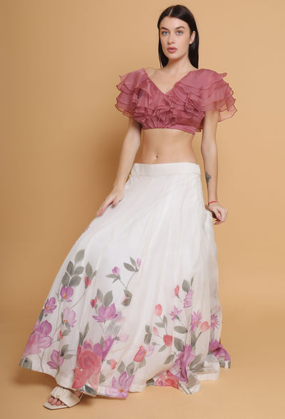 Artistic Hand-Painted Floral Skirt and Dust Rose Ruffle Top Set by Destiny By Anjali - Pure Organza Elegance with Unique Floral Design in Delicate Shades of Pink. Perfect for Special Occasions, Embracing Timeless Women's Fashion