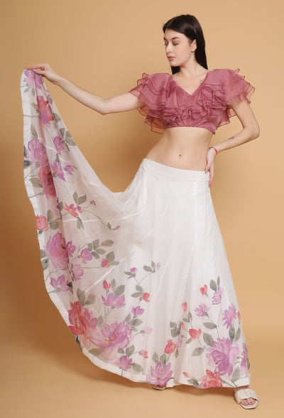 Artistic Hand-Painted Floral Skirt and Dust Rose Ruffle Top Set by Destiny By Anjali - Pure Organza Elegance with Unique Floral Design in Delicate Shades of Pink. Perfect for Special Occasions, Embracing Timeless Women's Fashion