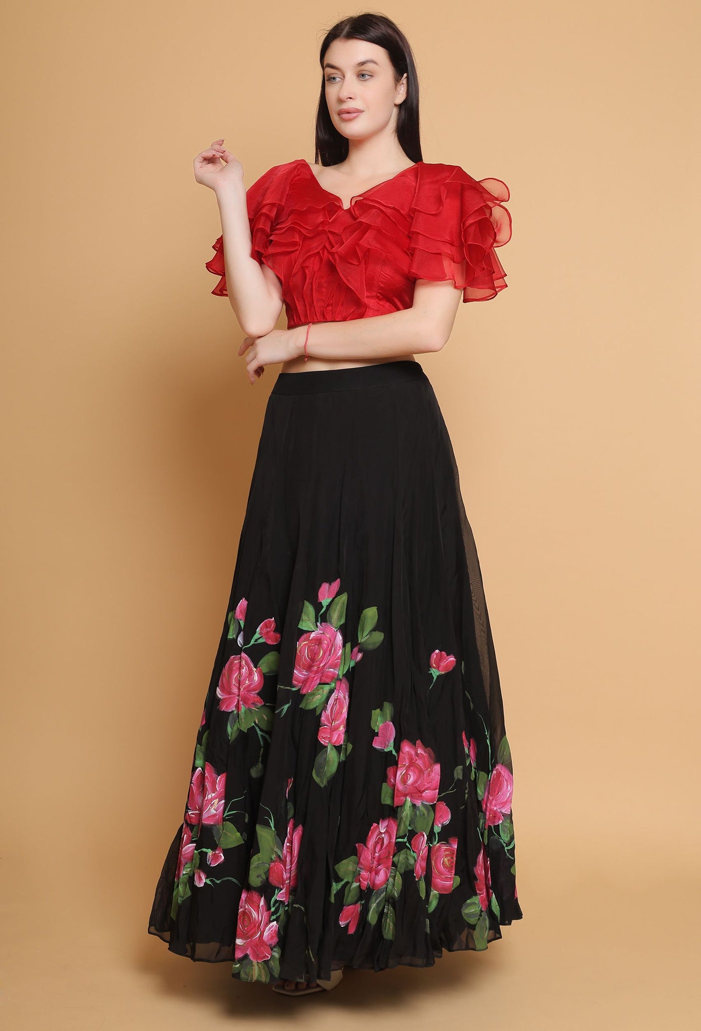 Hand Painted Floral Black Skirt and Red Ruffle Top Set