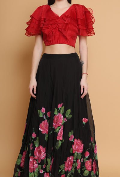 Hand Painted Floral Black Skirt and Red Ruffle Top Set