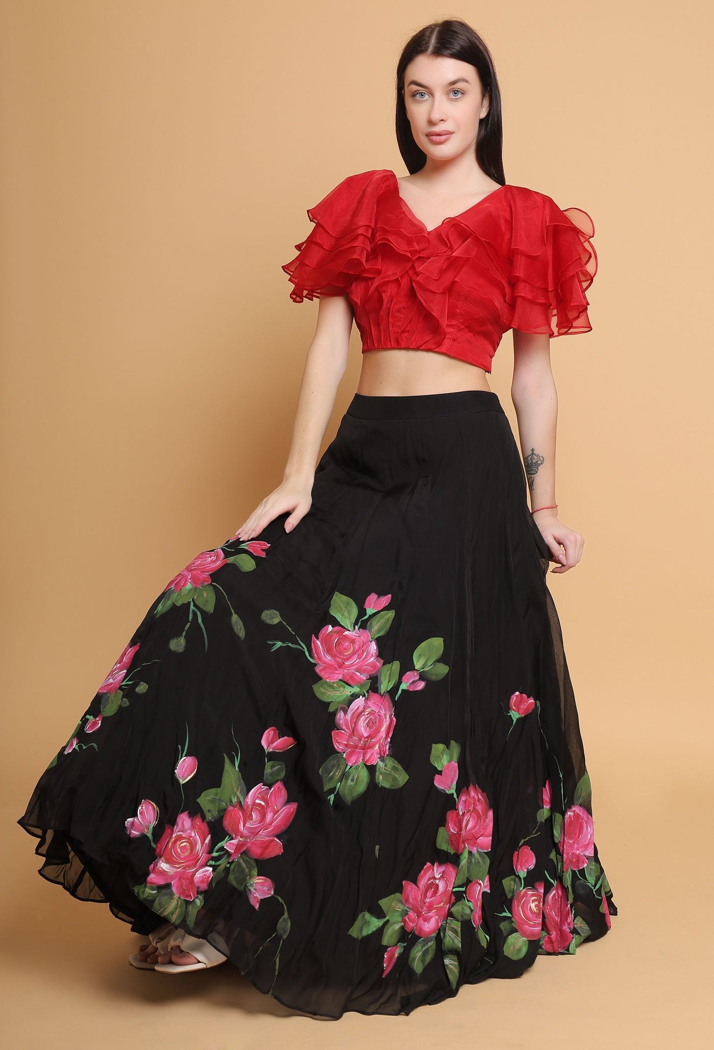 Hand Painted Floral Black Skirt and Red Ruffle Top Set