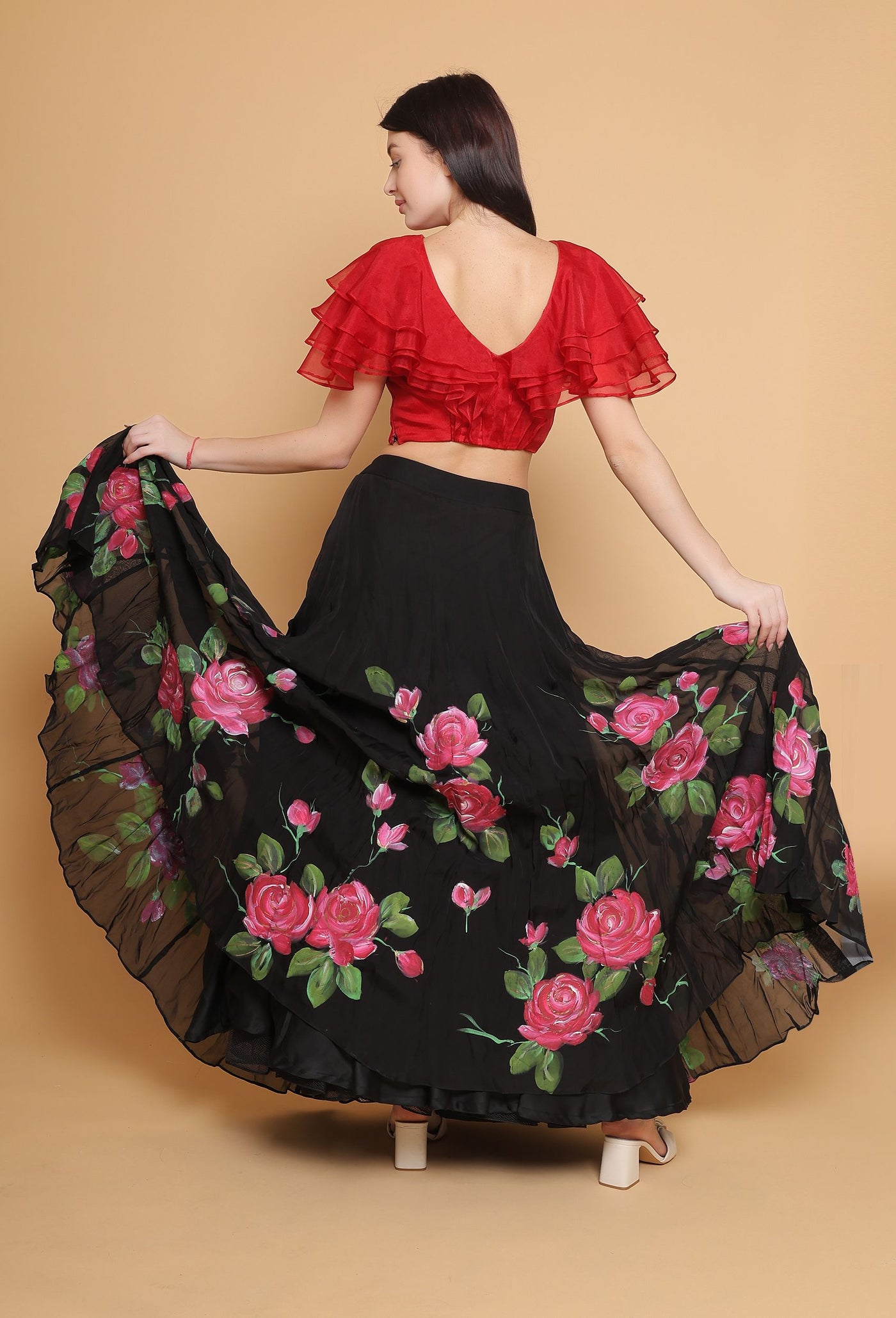 Hand Painted Floral Black Skirt and Red Ruffle Top Set