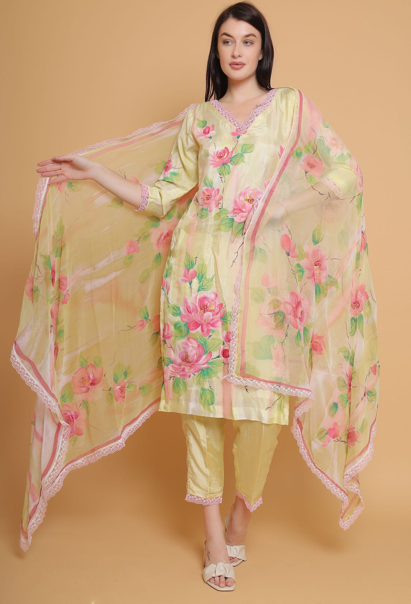 Hand Painted Yellow Floral Suit by Destiny By Anjali - Exquisite Pure Organza Designer Dress with Unique Floral Design, Meticulously Handcrafted, Ideal for Traditional Women's Fashion