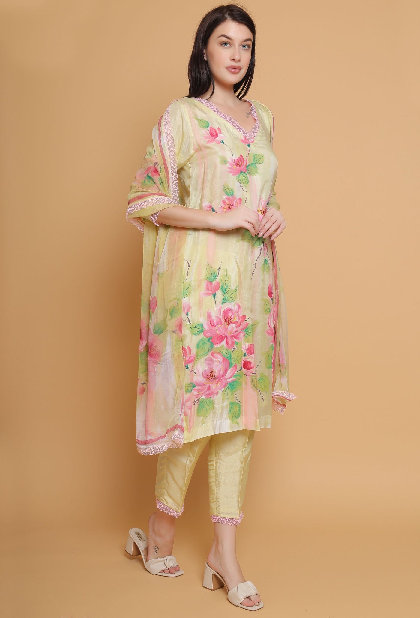 Hand Painted Yellow Floral Suit by Destiny By Anjali - Exquisite Pure Organza Designer Dress with Unique Floral Design, Meticulously Handcrafted, Ideal for Traditional Women's Fashion