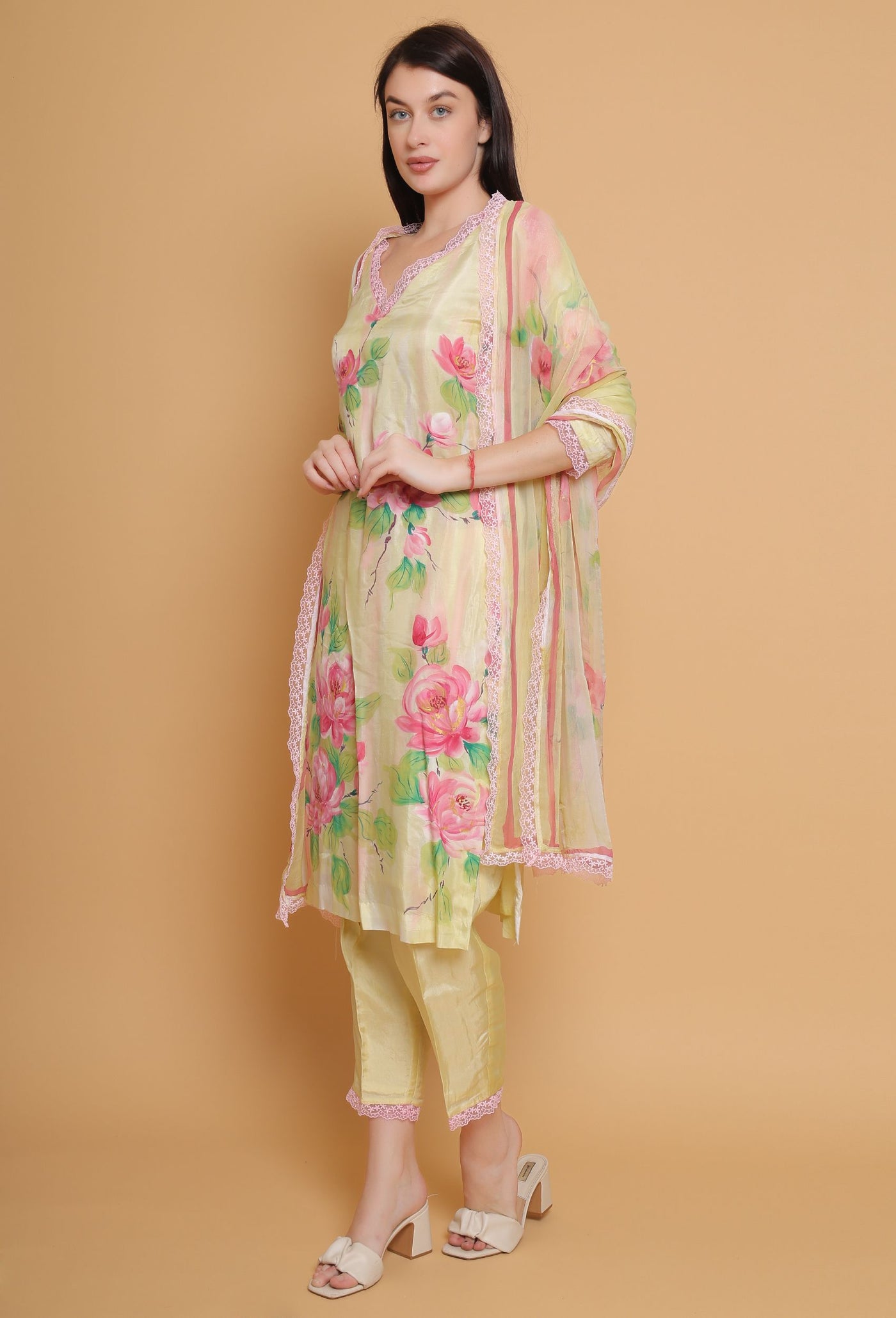 Hand Painted Yellow Floral Suit by Destiny By Anjali - Exquisite Pure Organza Designer Dress with Unique Floral Design, Meticulously Handcrafted, Ideal for Traditional Women's Fashion