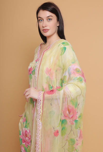 Hand Painted Yellow Floral Suit by Destiny By Anjali - Exquisite Pure Organza Designer Dress with Unique Floral Design, Meticulously Handcrafted, Ideal for Traditional Women's Fashion