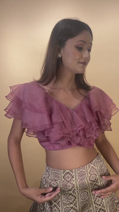 Pink Organza Ruffle Crop Top and Jacquard Skirt Set