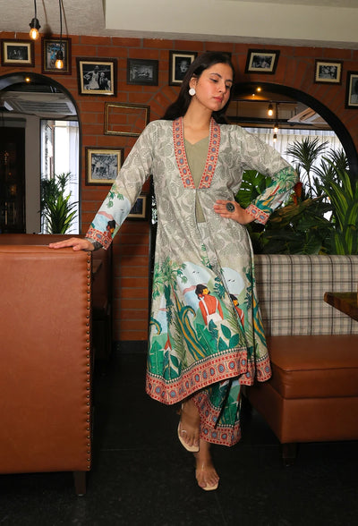 the Savannah Serenity Jacket Coord Set from Destiny by Anjali. This designer jacket-style coord set, in beige and green, features a striking digital print inspired by tribal and beach women. Crafted from premium cotton linen fabric, it’s perfect for all-weather wear and ensures comfort and style for every occasion. Whether it's a casual day out or a beach event, this trending Western wear coord set offers versatility and sophistication. The jacket-style design adds a chic touch, making it the perfect choice