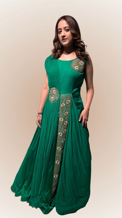 Indo-Western Green Drape Dress with handwrought  Dabka and Resham Work