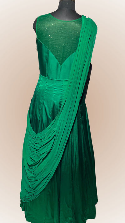 Indo-Western Green Drape Dress with handwrought  Dabka and Resham Work