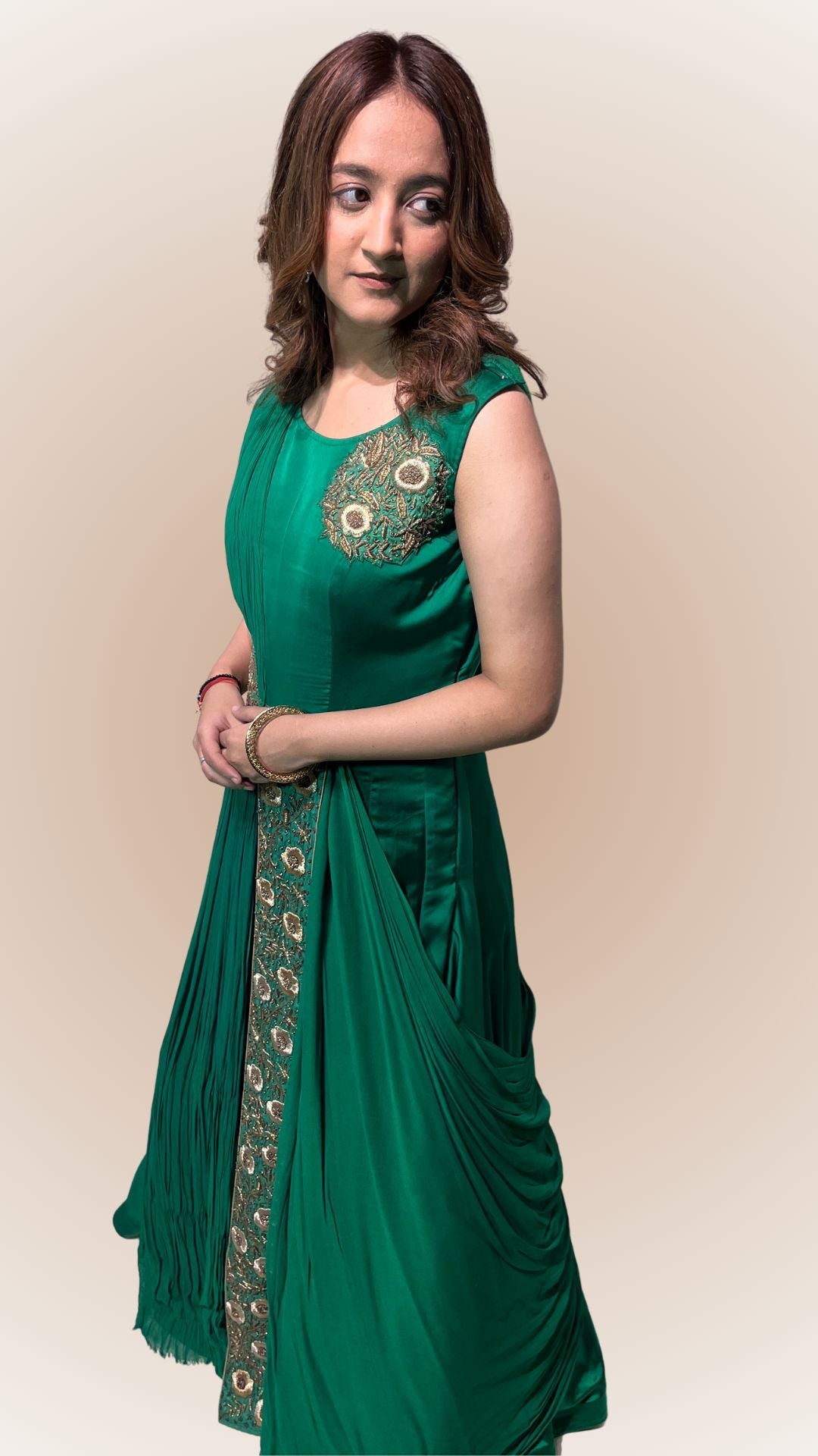 Indo-Western Green Drape Dress with handwrought  Dabka and Resham Work