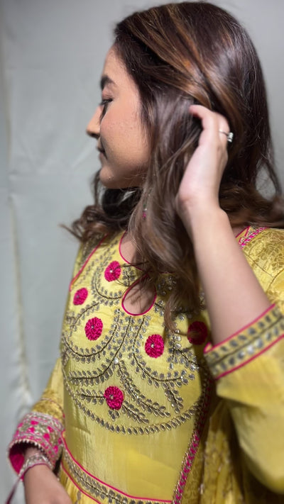 glowing yellow Anarkali Suit. Upada Silk with Thread and Handmade Gotta Design. Haldi Outfit Destiny by Anjali