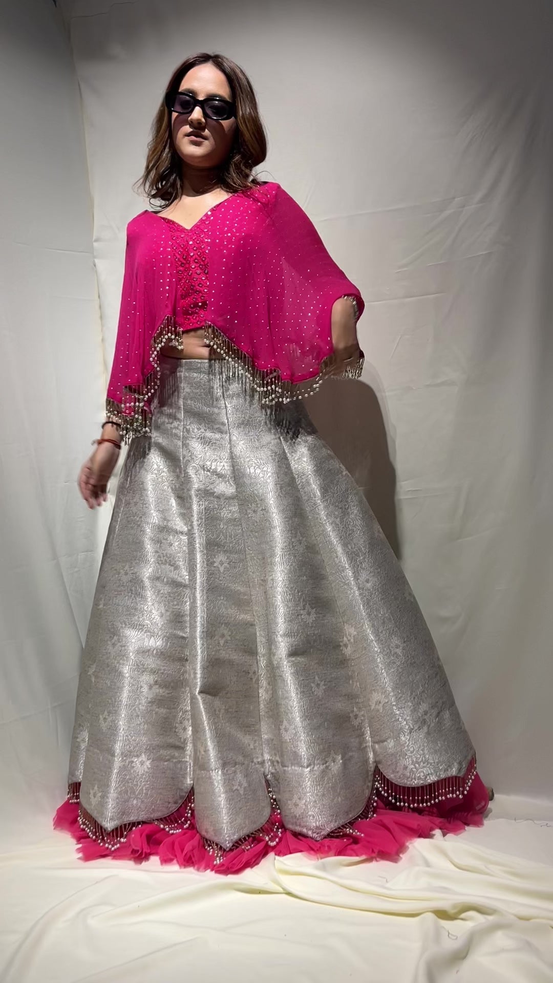 Gray Cut Work Lehenga with Bell Sleves and Drop Pendant Style Crop Top